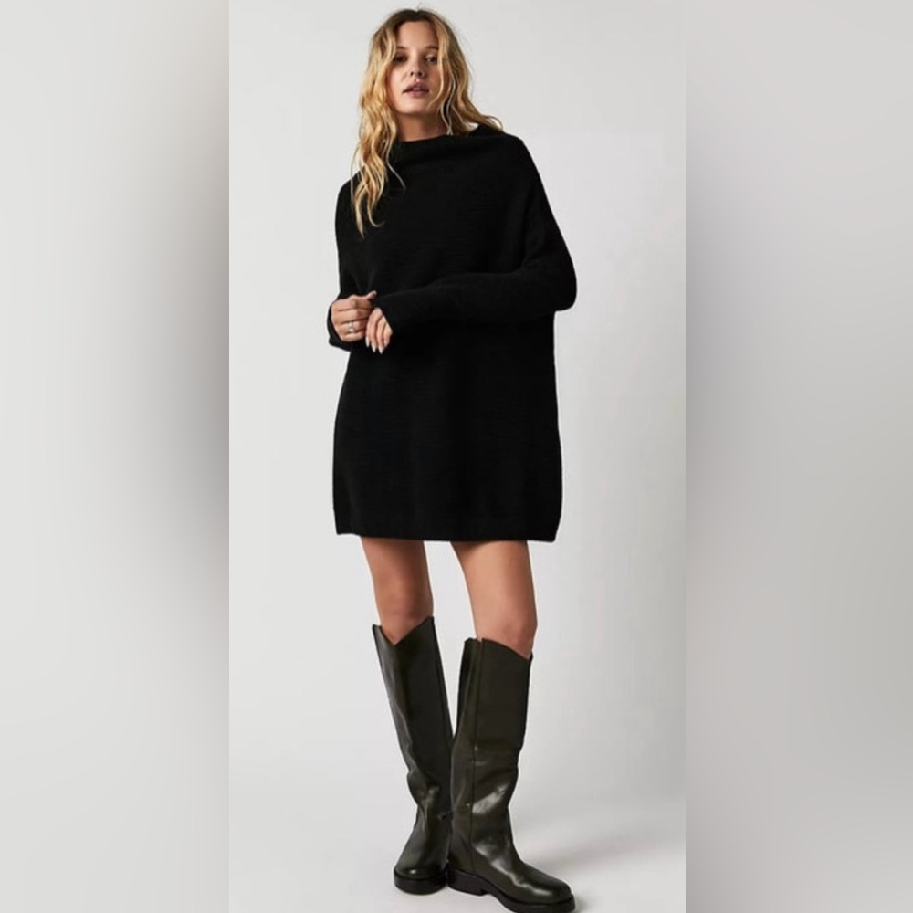 Free People Ottoman Slouchy Tunic Oversized Mock Turtleneck Dress Ribbed black